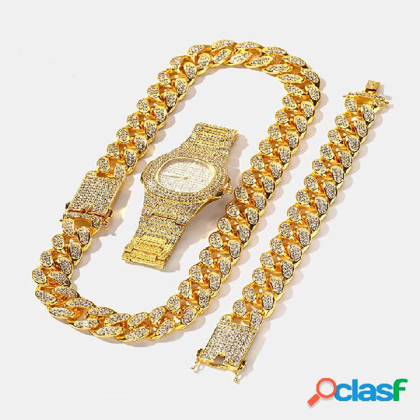 1/3 pezzi uomo Watch set catena hip hop color oro
