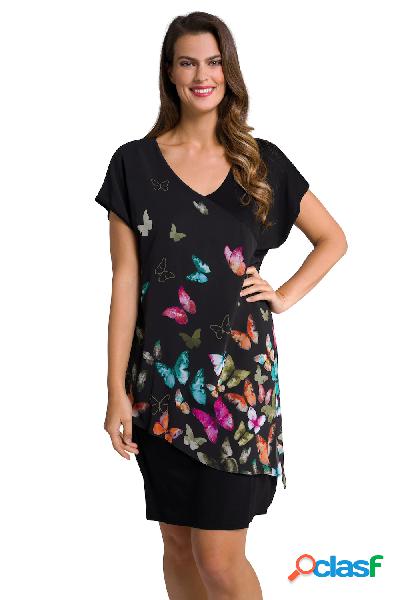 Abito midi con farfalla, scollo a V e mezze maniche, Donna,