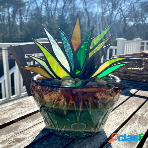 Acrilico Suncatcher macchiato agave aloe pianta in vaso vaso
