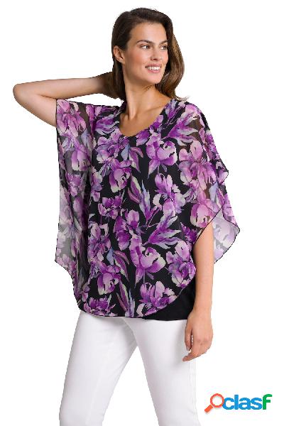 Blusa a doppio strato di chiffon con fiori, scollo a