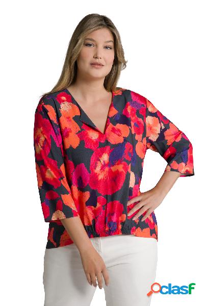 Blusa con fantasia floreale, scollo a tunica e maniche a