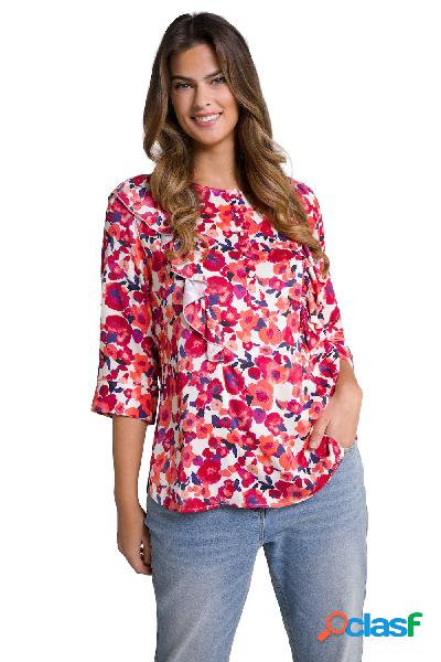 Blusa con fantasia floreale, volant, scollo a girocollo e