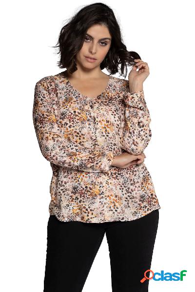 Blusa con fantasia leopardata, scollo a V e maniche lunghe,