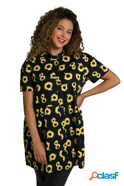 Blusa con girasoli, collo alto, cuciture decorative e mezze