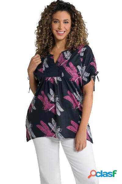 Blusa con libellule, scollo a tunica e mezze maniche