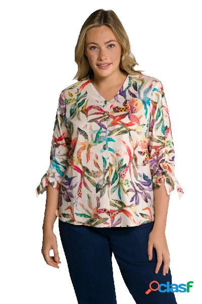 Blusa di cotone biologico con fiori, scollo a V e maniche a