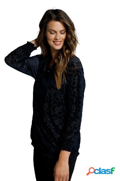 Blusa di dévoré con fantasia, colletto alto, ruche e