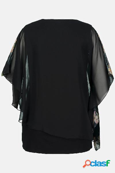 Blusa, fiori, doppio strato, scollo a girocollo e mezze