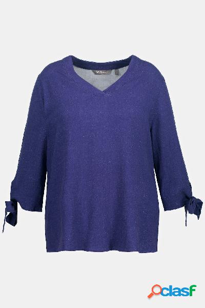 Blusa in misto lino con scollo a V, maniche a 3/4 e