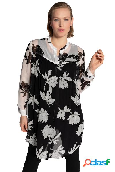 Blusa lunga e svasata con design floreale, colletto alto e