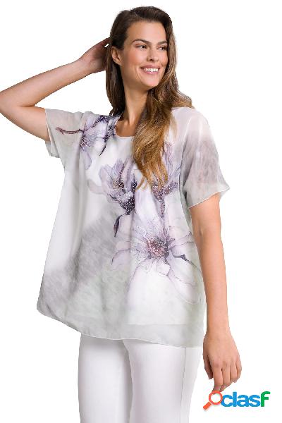 Blusa svasata a doppio strato con fiori, scollo a girocollo