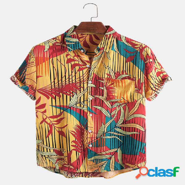 Camicia da uomo a righe verticali con stampa foglie Colorful