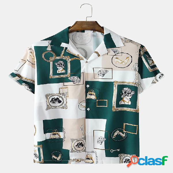 Camicie casual da uomo con colletto revere stampato a