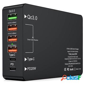 Caricabatterie Veloce a 6 Porte con USB-C PD e QC3.0 - 65W -