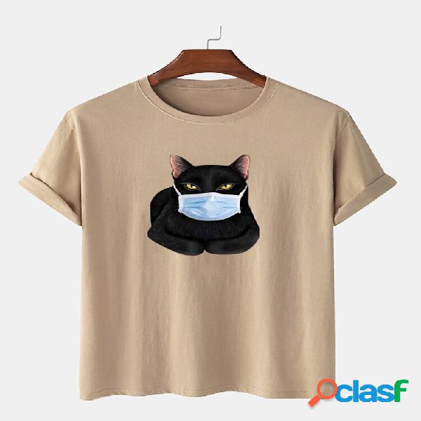 Fashion Cartoon Cat Maschera Stampa magliette con o-collo a