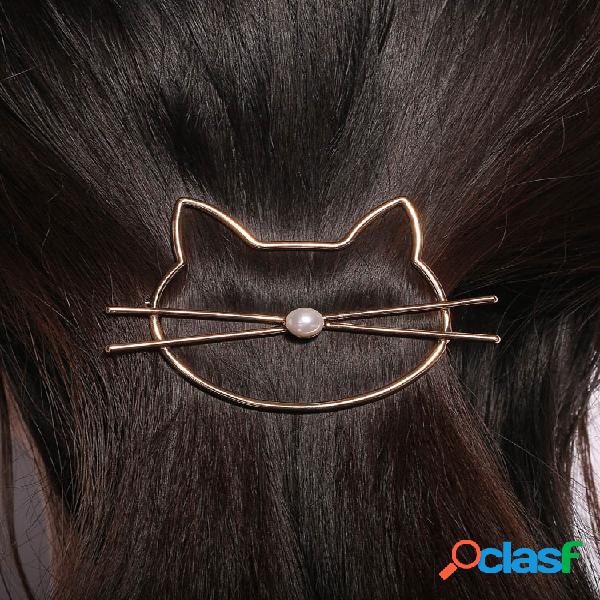 Fashion Lovely Animal Hollow Cat Pearl Hairpin Gold Silver