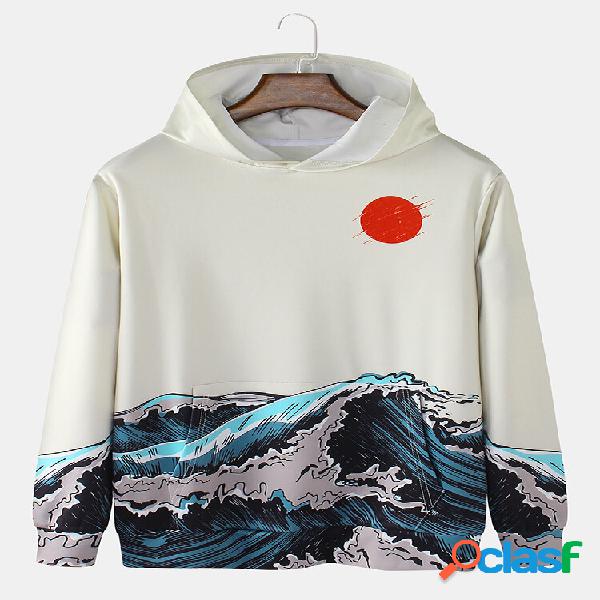 Felpe con cappuccio Ukiyoe a maniche lunghe da uomo con