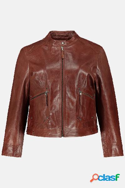 Giacca di pelle, stile biker, colletto alto, tasche, Donna,