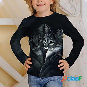 Kids Boys Girls T shirt Long Sleeve Gray Black 3D Print Cat
