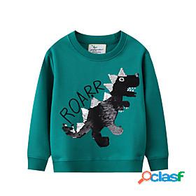 Kids Boys Sweatshirt Long Sleeve Green Sequins Dinosaur