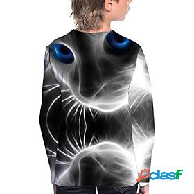 Kids Boys T shirt Long Sleeve Black 3D Print Cat Active 4-12