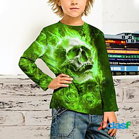 Kids Boys T shirt Long Sleeve Green 3D Print Skull Active