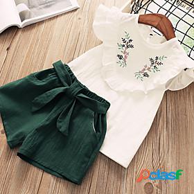 Kids Girls Clothing Set Short Sleeve Green Pink Print Floral