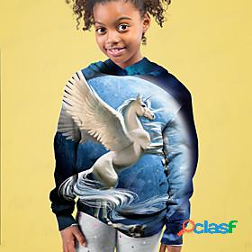 Kids Girls Hoodie Long Sleeve Blue 3D Print Unicorn Active