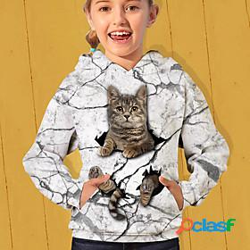 Kids Girls Hoodie Long Sleeve White 3D Print Cat Active 4-12