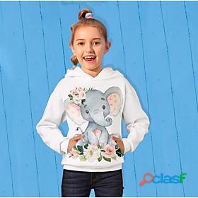 Kids Girls Hoodie Long Sleeve White 3D Print Floral Elephant