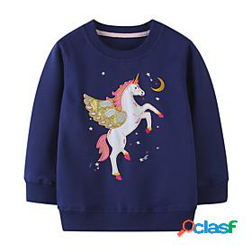 Kids Girls Sweatshirt Long Sleeve Dusty Blue Cartoon Unicorn