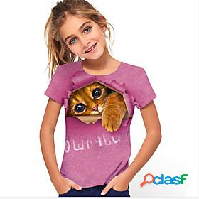 Kids Girls T shirt Cat Short Sleeve Animal Print Fuchsia