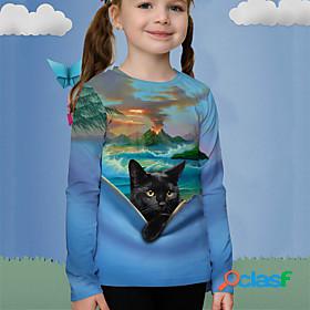 Kids Girls T shirt Long Sleeve Blue 3D Print Cat Animal