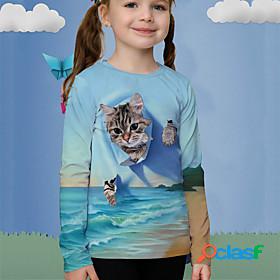 Kids Girls T shirt Long Sleeve Light Blue 3D Print Cat