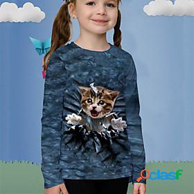 Kids Girls' T shirt Long Sleeve Navy Blue 3D Print Cat