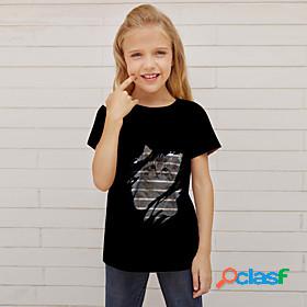 Kids Girls T shirt Short Sleeve 3D Print Cat Animal Black