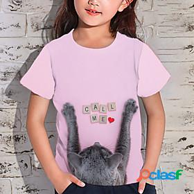 Kids Girls T shirt Short Sleeve 3D Print Cat Letter Animal