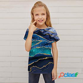 Kids Girls' T shirt Short Sleeve 3D Print Color Block Blue