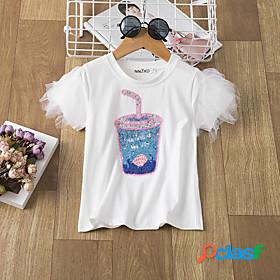 Kids Girls T shirt Short Sleeve 3D Print Mesh Sequin White