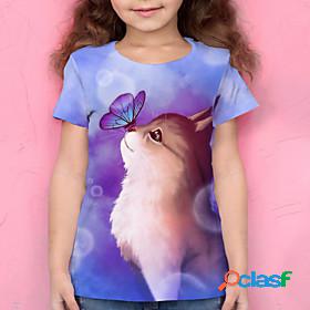 Kids Girls' T shirt Short Sleeve Blue 3D Print Cat Butterfly