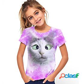Kids Girls T shirt Short Sleeve Cat Animal Print Purple