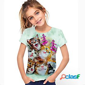 Kids Girls T shirt Short Sleeve Light Green 3D Print Cat