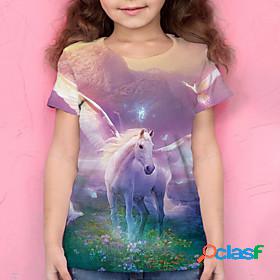 Kids Girls T shirt Short Sleeve Pale Pink 3D Print Unicorn