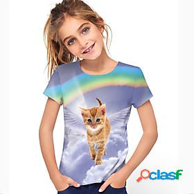 Kids Girls T shirt Short Sleeve Purple 3D Print Cat Rainbow
