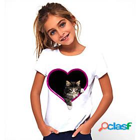 Kids Girls T shirt Short Sleeve White Cat Print Graphic