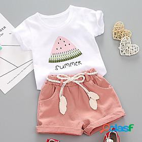 Kids Girls T-shirt Shorts Short Sleeve 2 Pieces Green Pink
