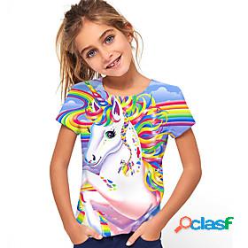 Kids Girls T shirt Tee Horse Unicorn Short Sleeve Rainbow 3D