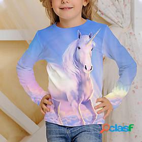 Kids Girls T shirt Tee Long Sleeve Blue 3D Print Unicorn