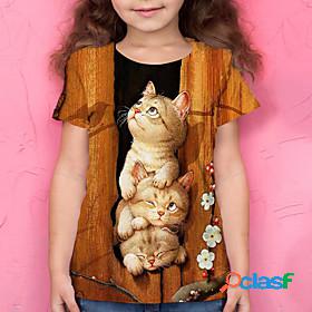 Kids Girls T shirt Tee Short Sleeve Orange 3D Print Cat