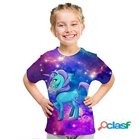 Kids Girls T shirt Tee Short Sleeve Unicorn 3D Print Purple